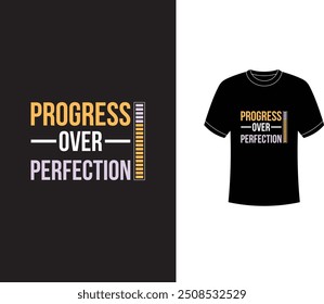 Este design de camiseta "Progress Over Perfection" (Progresso sobre a Perfeição) incentiva uma mentalidade de crescimento e persistência sobre a busca da perfeição. Apresentando uma tipografia arrojada amarela e roxa com elementos de barra de progresso, 