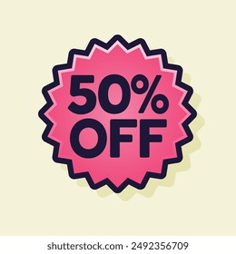 This promotional badge highlights a "50% OFF" discount, designed to attract customers and promote special offers in retail settings.