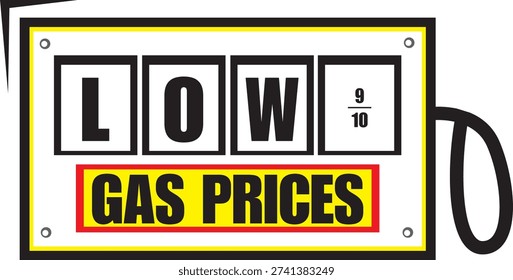This promotional graphic features the bold text “Low Gas Prices” styled to resemble a traditional roadside petrol station sign. The inclusion of “9 by 10” reflects common fuel pricing formats, representing fractional cents commonly seen at gas stations. The design emphasizes affordability and fuel savings, making it ideal for advertising competitive gasoline prices.