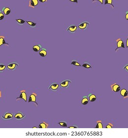 This purple background has monsters hiding in it and just their eyes are shining through the background creating a vector repeat pattern seamless Halloween design.