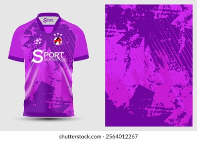 This purple sports shirt features a striking graphic pattern and is enhanced with a prominent brand or team logo on the front. This shirt is ideal for use in sports such as football.