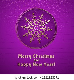 This is a Purple-gold background with a Christmas ball and snowflake. Beautiful greeting card for Christmas and New Year design.