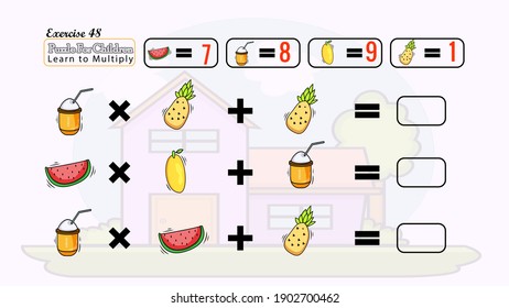 This puzzle for children learn to solve it and learn to multiply 
have beautiful fruits , cartoon houses beautiful and nice doodles have a range of 1 to 100