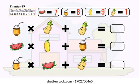 This puzzle for children learn to solve it and learn to multiply 
have beautiful fruits , cartoon houses beautiful and nice doodles have a range of 1 to 100