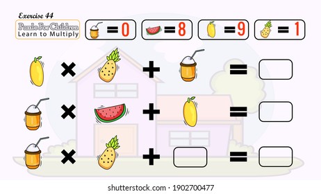 This puzzle for children learn to solve it and learn to multiply 
have beautiful fruits , cartoon houses beautiful and nice doodles have a range of 1 to 100