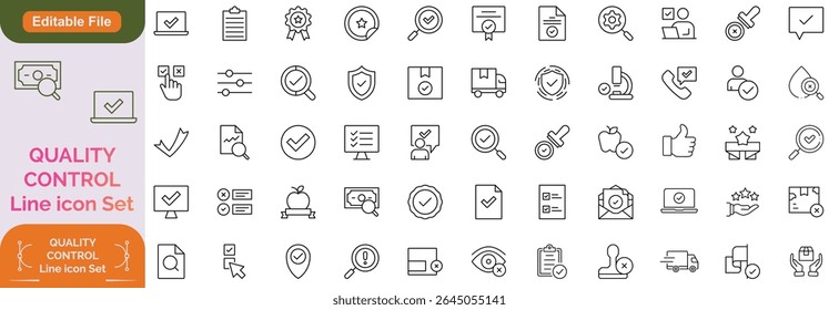Este conjunto de iconos de control de calidad cuenta con más de 60 iconos de estilo de línea limpios, editables y minimalistas relacionados con la garantía de calidad, inspección, certificación, cumplimiento y procesos de prueba. Conjunto de iconos de línea