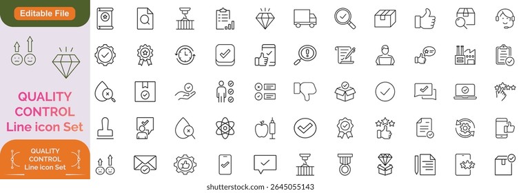 This Quality Control icon set features 60+ clean, editable, and minimalist line-style icons related to quality assurance, inspection, certification, compliance, and testing processes. Line icon set