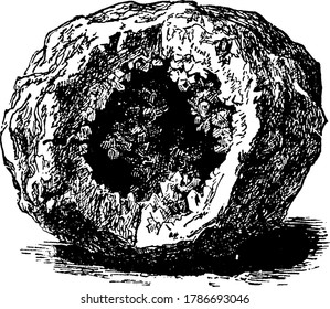 Se trata de Quartz Geode, una cueva hueca bordeada de cristales de cuarzo claros., dibujo de línea vintage o ilustración de grabado. 