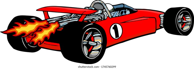 This race car is blasting through the start line. This fast race car is getting a jump on the other race cars with some serious petal to the medal. 
