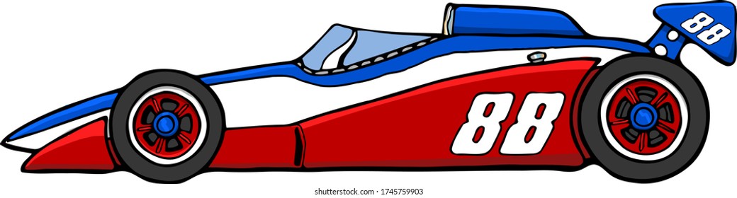 This race car is laid out in all of its beauty. This race car from the side view, features a two tone colored body. 
