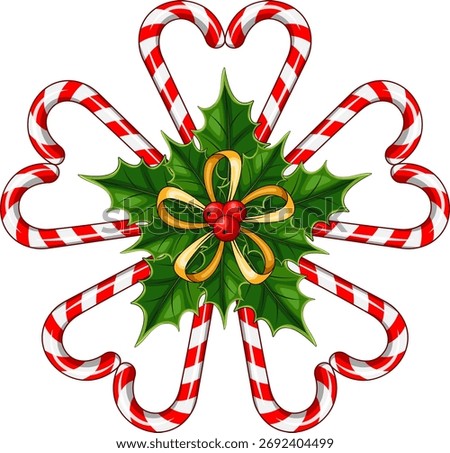 This radiant vector wreath bursts with eight heart-shaped candy canes in bold red-white stripes, framed by vibrant holly leaves and crimson berries, centered by an elegant golden ribbon.