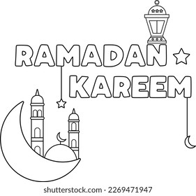 Esta página de coloración de Ramadán es un diseño de colores que presenta algunos símbolos asociados con el mes de Ramadán. como la mezquita y la luna creciente 