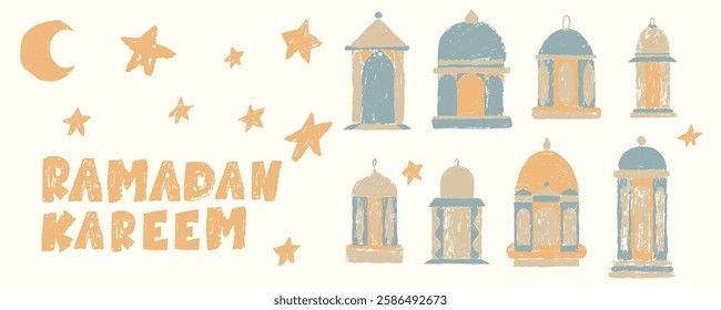 This Ramadan themed illustration features vintage lanterns, a crescent moon, and stars, symbolizing spirituality, Noor, and celebration. The earthy beige and muted blue tones create a warm