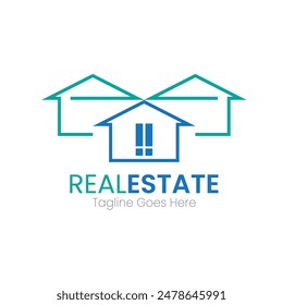 This real estate logo uses three stacked roofs in blue, green, and red to create a simple building shape. It's clean and memorable. The colors could represent property types or add visual interest.