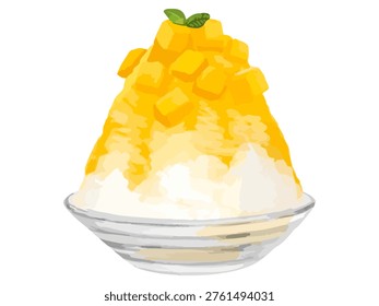 This is a realistic, hand-drawn, thickly painted illustration of mango shaved ice. It's a modern take on shaved ice, generously topped with mango fruit. Suitable for use in cafe menus or culinary descriptions.
