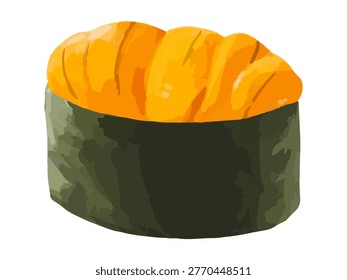 This is a realistic, hand-drawn, thickly painted illustration of sea urchin gunkan maki. It can be used as a design illustration or a diagram for cooking instructions.