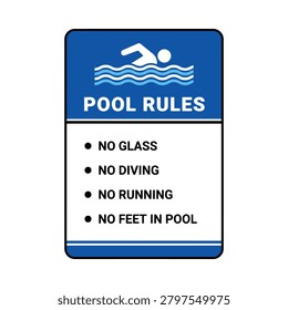 This is a rectangular sign displaying swimming pool rules with a white swimmer pictogram on a blue background. It lists