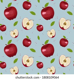 This is a red apple seamless pattern. This template is full of apples. This is a fruit sample. Design for print recipe, restaurant menu, fabric, wrapping.