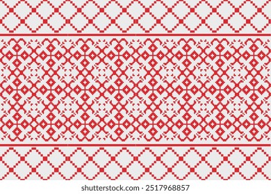 
This red geometric pattern on white, inspired by traditional textiles, features diamonds and squares in a symmetrical design.