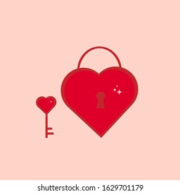 This is red heart key and heart padlock, lock on light background. Valentine’s Day element. Cute card.