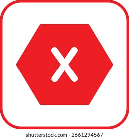 Este ícone de hexágono vermelho com um X branco é perfeito para indicar erros de formulário, estados de rejeição ou ações de fechamento em aplicativos, ferramentas da Web ou painéis de interface do usuário.