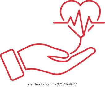 Este arte de línea roja representa una mano sosteniendo suavemente un corazón con una línea de electrocardiograma que emana de él. Simboliza la atención médica, la protección y la importancia vital del bienestar cardíaco. profesional de alta calidad detallado moderno elegante