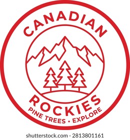 This is a red vector illustration of a circular emblem featuring mountains, pine trees, and the text 'Canadian Rockies'. It