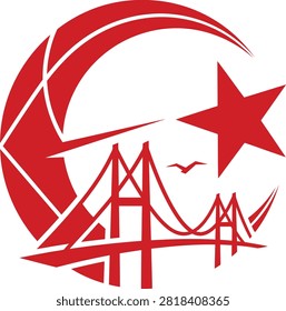 This is a red vector illustration depicting a crescent moon, a five-pointed star, and a bridge silhouette against a white background. The image features bold lines and a flat design