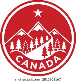 This is a red and white vector illustration of the Canadian emblem, featuring a mountain range, coniferous trees, and a