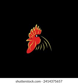 This is a red and yellow rooster logo with a black background suitable for logos on food products, livestock, meat products, processed chicken meat, plastic logos, food products
