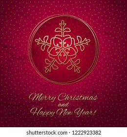 This is a red-gold background with a Christmas ball and snowflake. Beautiful greeting card for Christmas and New Year design.