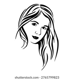 This is a refined black and white line drawing of a woman’s face and neck, showcasing delicate facial features and long, wavy hair that flows down her shoulders. The sketch uses smooth, expressive lines to capture the woman’s serene expression and graceful hair texture, creating a timeless and artistic portrayal.
