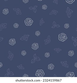 This repeat pattern design features roses and leaves of line art in a cream color and muted blue to create a textured look.