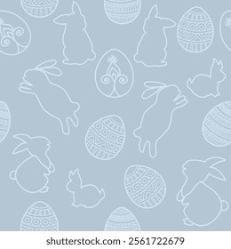 This repeat pattern features bunnies, rabbits, and Easter eggs in intricate line art, with powder blue or light blue tones. Perfect for Easter, spring, and decor projects, it’s whimsical and elegant.