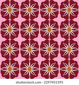 This repeating fabric design has stylized flowers in red and white on pink background, inspired by japanese chinoiserie and geometric patterns.
