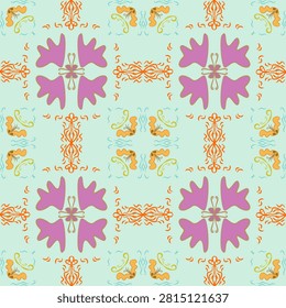 This repeating pattern, conveying a sweet charm reflecting a bohemian style blended with vintage tiles, stands out with its soothing pastel mint green tone. It's adorned with floral shapes and light purple butterfly-like patterns, subtly interwoven with delicate orange and gold Arabic lines, creating a light, airy, and refreshing feel. Ideal for textiles, wallpaper, or products requiring a soft and unique aesthe