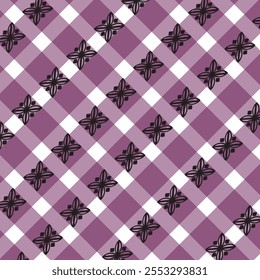 
This is a repeating pattern design with a checkered background in shades of purple and white. Overlaid on the checks are black floral-like motifs arranged in a diamond grid. The contrast between the 