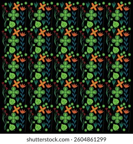 This repeating pattern features stylized flowers, leaves, and small plants in bright lime green, orange, teal, and red on a dark black background.
