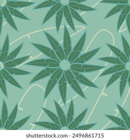 This repeating pattern features a tropical heliconia plant leaf as a floral element. The leaf is a deep green color and has a serrated edge. The background is a light green color.