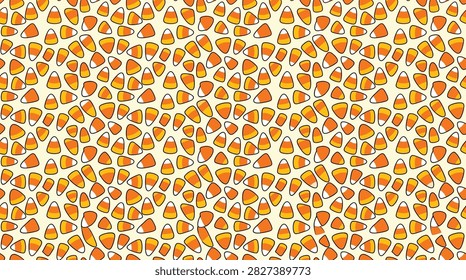 This is a repeating pattern featuring candy corn shapes in shades of orange yellow and beige. The illustration is flat and seamless suitable for backgrounds and decorative designs related to Halloween and autumn celebrations.
