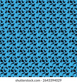 This repeating pattern showcases black animal silhouettes of deer and birds on a light blue background, creating a nature themed design, perfect for fabrics and wallpaper.