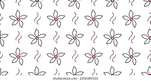 This repeating pattern showcases simple, elegant floral motifs. Five-petal flowers with dark outlines and concentric maroon centers are arranged with delicate, wavy maroon lines.