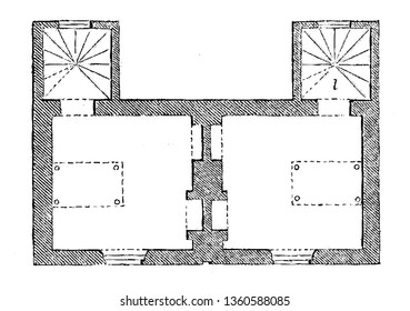 Esta es la representación de los alojamientos del diseño LXIV la sala de estar de la cocina etc. se muestra dibujo de línea vintage o ilustración de grabado.