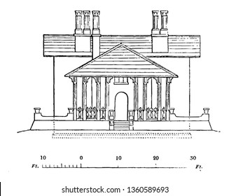 This is the representation of the back elevation of the design XXXII. The back door parapet walls is shown vintage line drawing or engraving illustration.