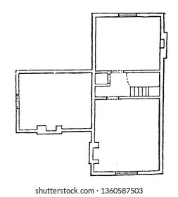 This is the representation of the chamber bed floor. Which contains three bed rooms closet and other conveniences vintage line drawing or engraving illustration.