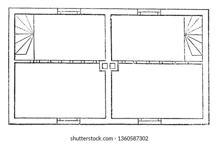 This is the representation of the chamber floor which shows two bed chambers to each cottage  without the fireplaces vintage line drawing or engraving illustration.