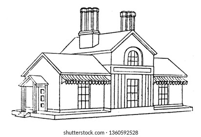 This is the representation of the chimney stacks at the top of the roof of the design vintage line drawing or engraving illustration.
