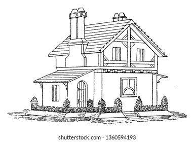 Esta es una representación de una casa de campo construida al viejo estilo inglés. Se trata de un edificio de una planta con ventanas y puertas de líneas vintage o ilustración de grabado.