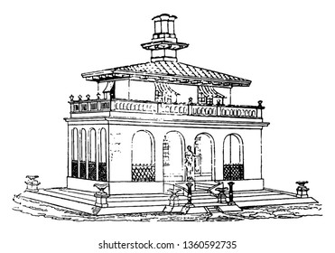 Esta es una representación de un diseño. Los arcos de este diseño son un poco más altos que las ventanas que se pueden formar con un balcón sobre el dibujo de la veranda vintage o la ilustración de un grabado.