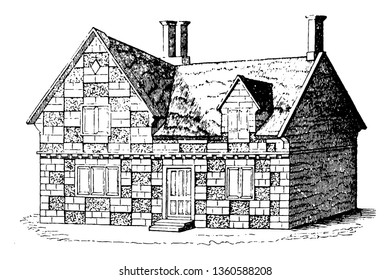 This is the representation of the design LIII which is a cottage for village tradesman. It is the elevation of the dwelling in which the chamber floor contains three rooms vintage line drawing